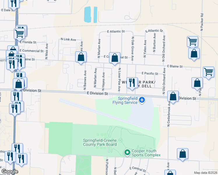 map of restaurants, bars, coffee shops, grocery stores, and more near 2360 East Locust Street in Springfield