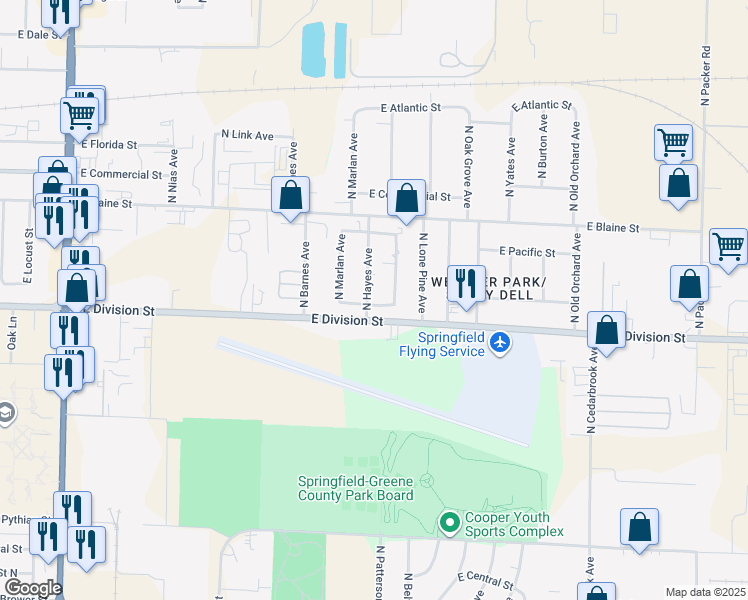 map of restaurants, bars, coffee shops, grocery stores, and more near 1600 North Hayes Avenue in Springfield
