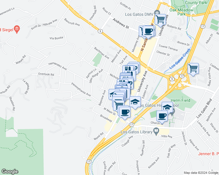 map of restaurants, bars, coffee shops, grocery stores, and more near 115 Tait Avenue in Los Gatos