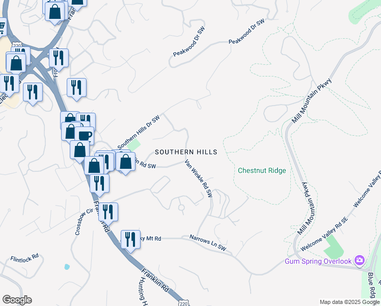 map of restaurants, bars, coffee shops, grocery stores, and more near 4374 Van Winkle Road Southwest in Roanoke