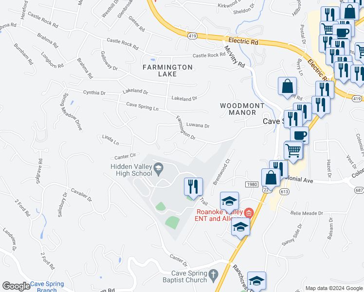 map of restaurants, bars, coffee shops, grocery stores, and more near 3423 Farmington Circle in Cave Spring