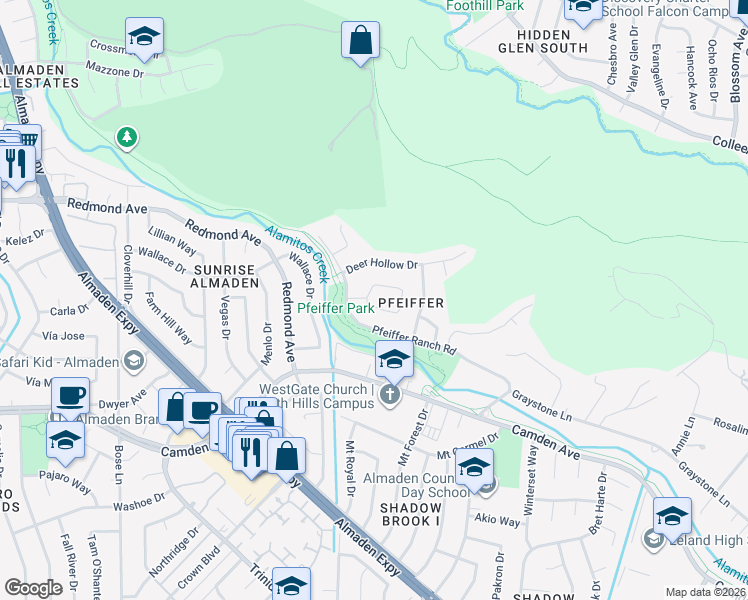 map of restaurants, bars, coffee shops, grocery stores, and more near 6480 Pfeiffer Ranch Road in San Jose