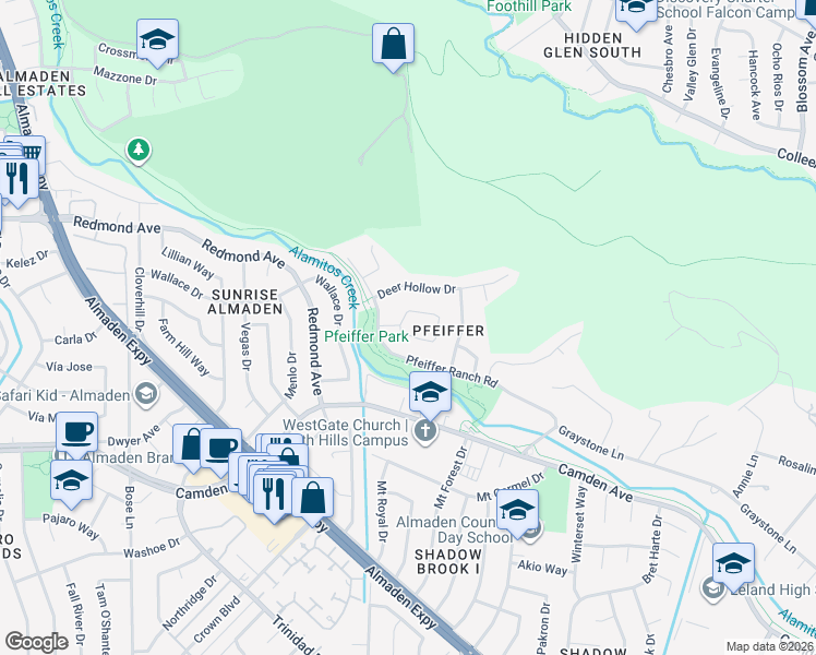 map of restaurants, bars, coffee shops, grocery stores, and more near 6480 Pfeiffer Ranch Road in San Jose