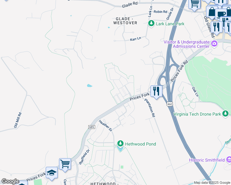 map of restaurants, bars, coffee shops, grocery stores, and more near in Blacksburg