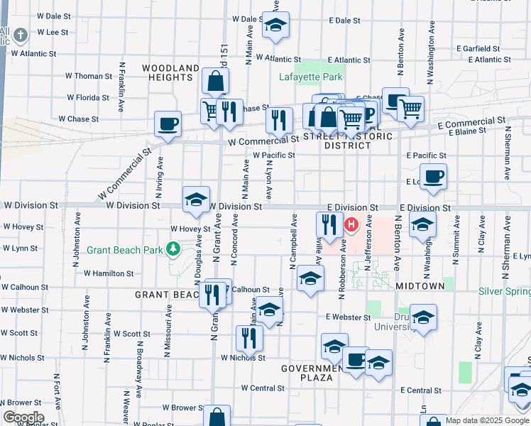 map of restaurants, bars, coffee shops, grocery stores, and more near 513 West Hovey Street in Springfield