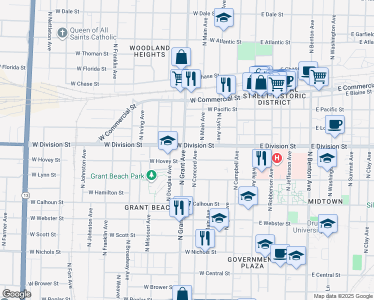 map of restaurants, bars, coffee shops, grocery stores, and more near 1459 North Grant Avenue in Springfield