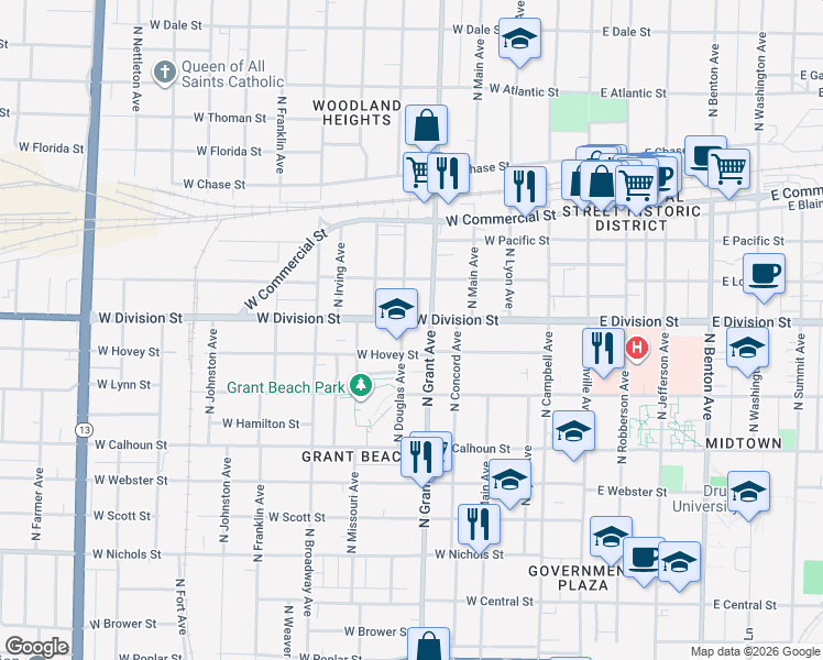 map of restaurants, bars, coffee shops, grocery stores, and more near 1459 North Grant Avenue in Springfield