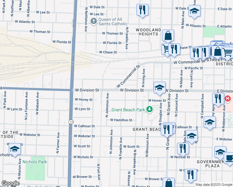 map of restaurants, bars, coffee shops, grocery stores, and more near 1143 West Hovey Street in Springfield