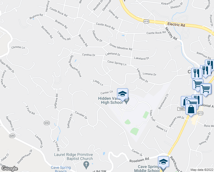 map of restaurants, bars, coffee shops, grocery stores, and more near 5411 Linda Lane in Cave Spring