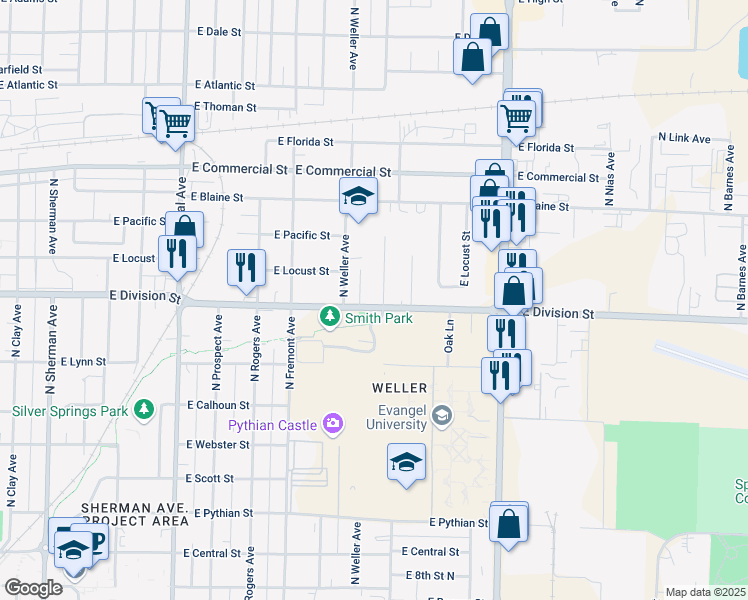 map of restaurants, bars, coffee shops, grocery stores, and more near 1533 East Division Street in Springfield