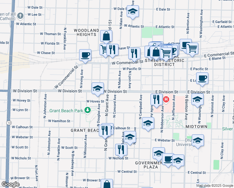 map of restaurants, bars, coffee shops, grocery stores, and more near 631 West Hovey Street in Springfield