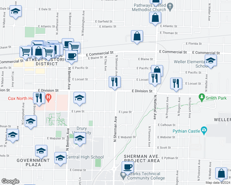 map of restaurants, bars, coffee shops, grocery stores, and more near 834 East Division Street in Springfield