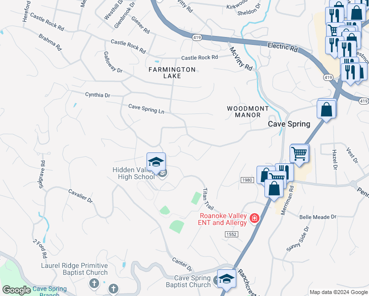 map of restaurants, bars, coffee shops, grocery stores, and more near 3423 Farmington Circle in Cave Spring