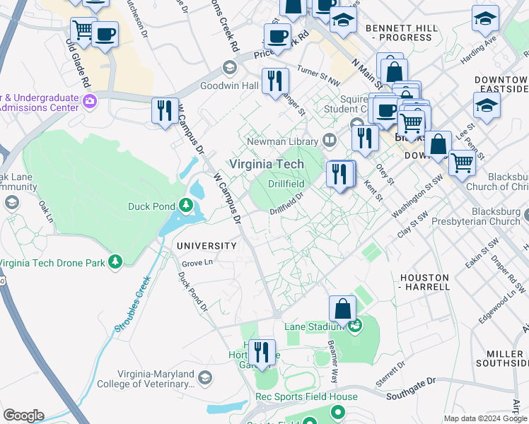 map of restaurants, bars, coffee shops, grocery stores, and more near 210 Drillfield Drive in Blacksburg