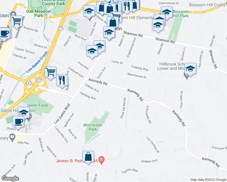 map of restaurants, bars, coffee shops, grocery stores, and more near 105 Vista Del Campo in Los Gatos