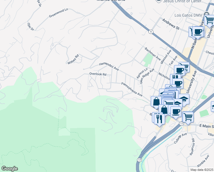 map of restaurants, bars, coffee shops, grocery stores, and more near 600 Pennsylvania Avenue in Los Gatos