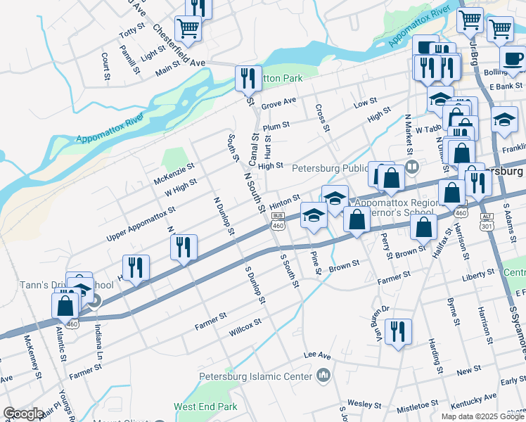 map of restaurants, bars, coffee shops, grocery stores, and more near 801 Hinton Street in Petersburg