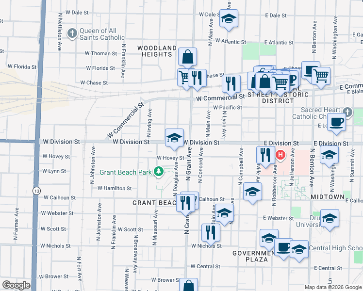 map of restaurants, bars, coffee shops, grocery stores, and more near 1459 North Grant Avenue in Springfield
