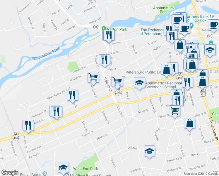 map of restaurants, bars, coffee shops, grocery stores, and more near 818 Hinton Street in Petersburg