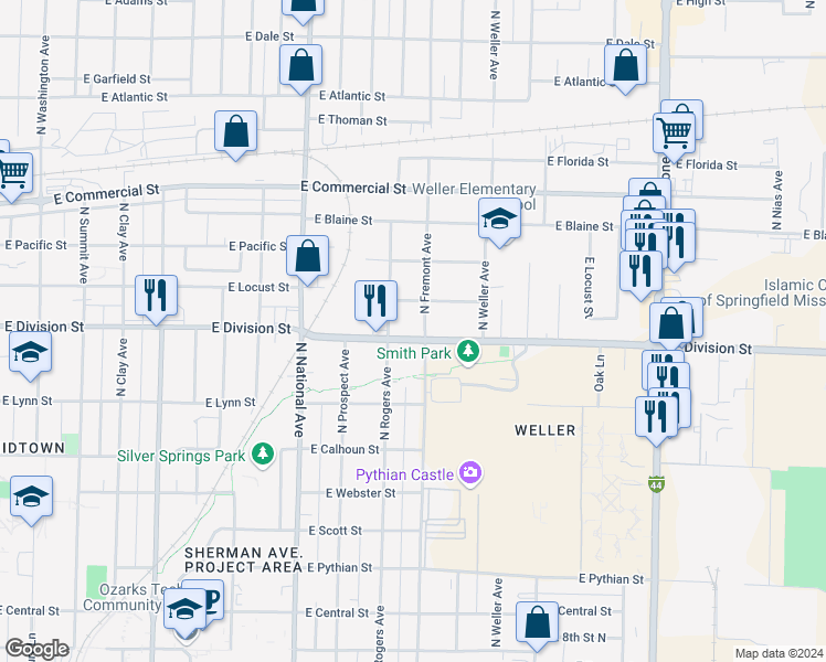 map of restaurants, bars, coffee shops, grocery stores, and more near 1360 East Division Street in Springfield