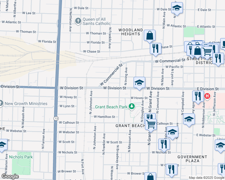 map of restaurants, bars, coffee shops, grocery stores, and more near 1026 West Division Street in Springfield