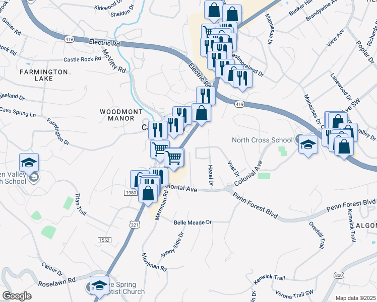map of restaurants, bars, coffee shops, grocery stores, and more near 4919 Colonial Avenue in Cave Spring