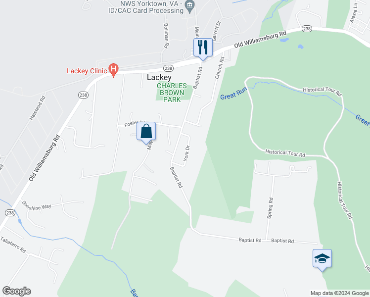 map of restaurants, bars, coffee shops, grocery stores, and more near 120 York Drive in Yorktown