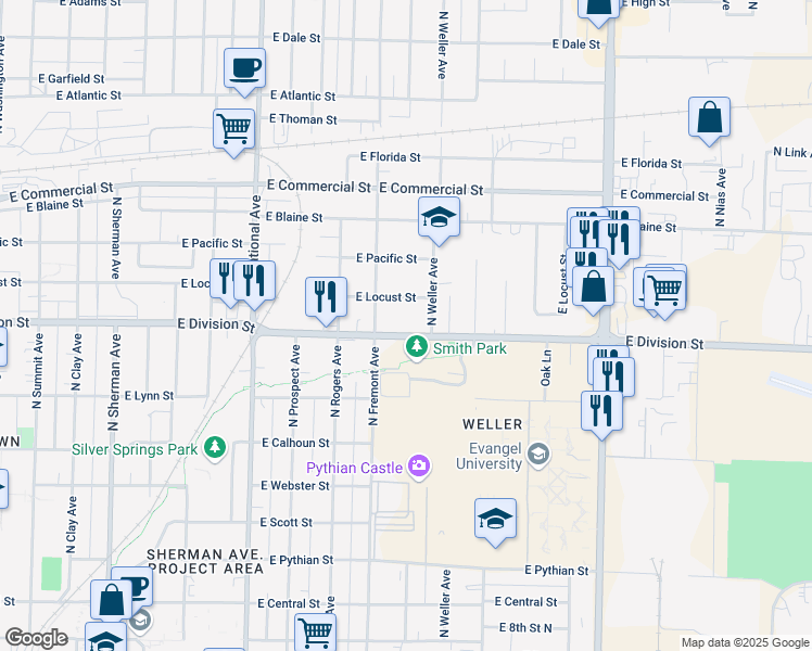 map of restaurants, bars, coffee shops, grocery stores, and more near 1400-1498 East Division Street in Springfield