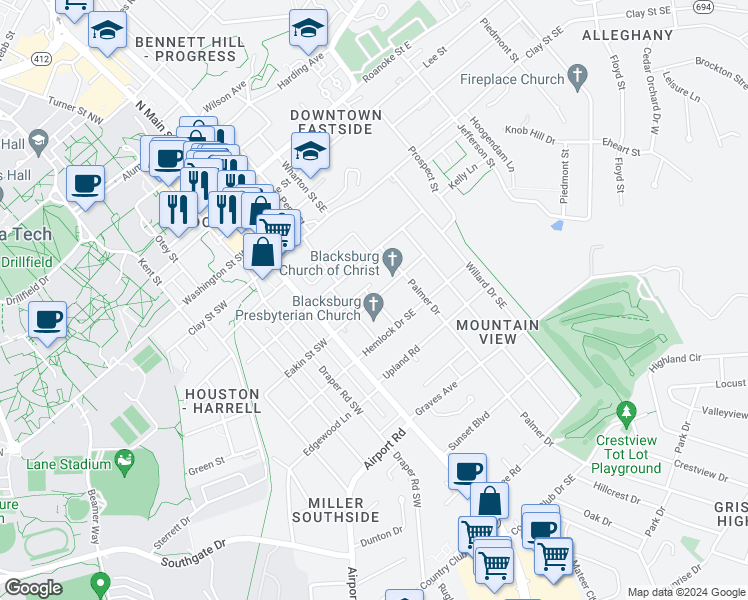 map of restaurants, bars, coffee shops, grocery stores, and more near Eakin Street Southeast in Blacksburg