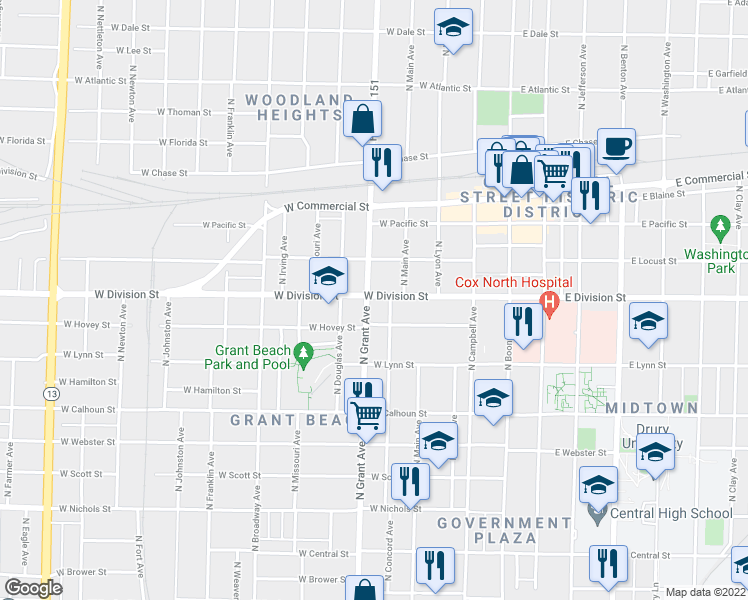 map of restaurants, bars, coffee shops, grocery stores, and more near 1459 North Grant Avenue in Springfield
