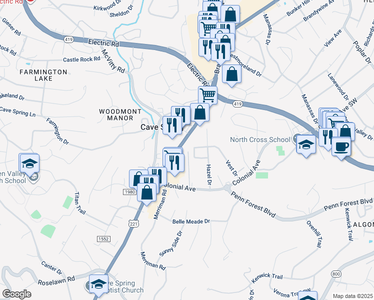 map of restaurants, bars, coffee shops, grocery stores, and more near 4919 Colonial Avenue in Cave Spring