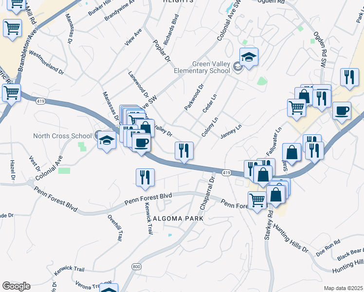 map of restaurants, bars, coffee shops, grocery stores, and more near 3849 Green Valley Drive in Cave Spring