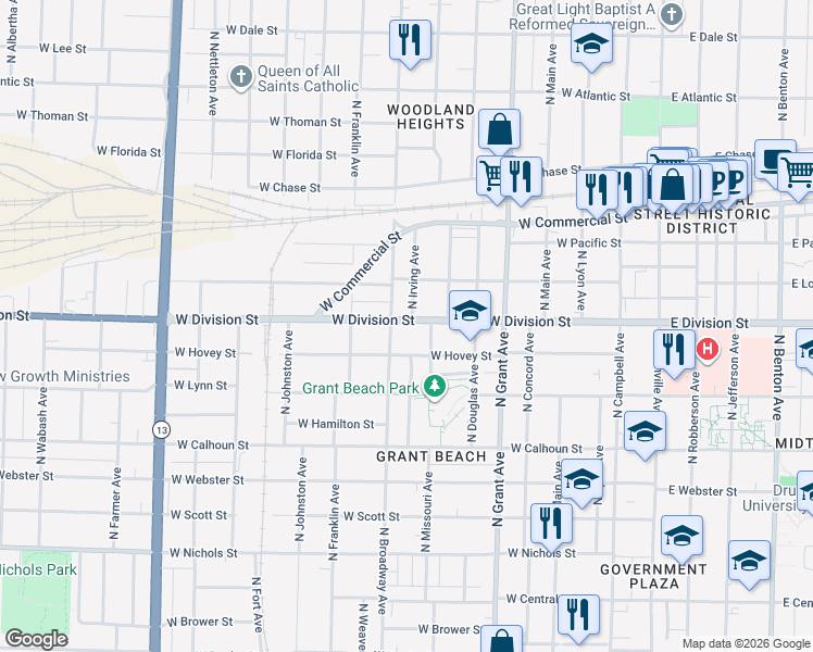 map of restaurants, bars, coffee shops, grocery stores, and more near 1457 North Missouri Avenue in Springfield
