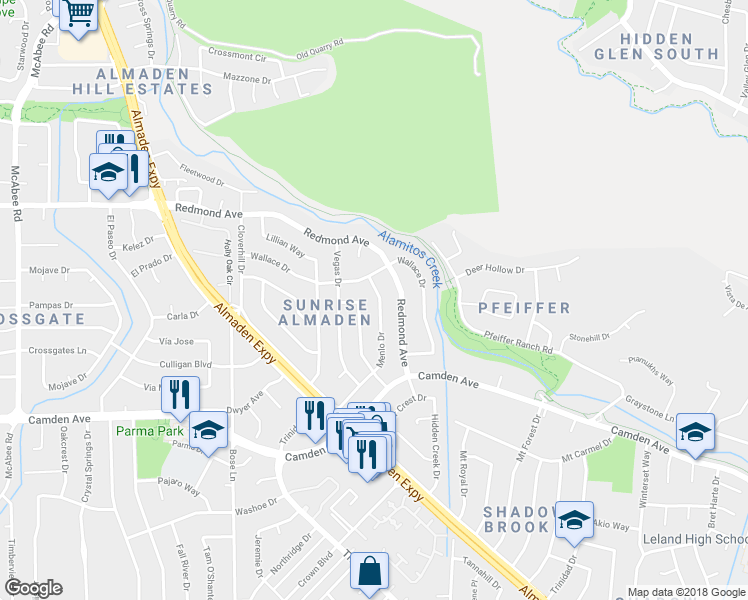 map of restaurants, bars, coffee shops, grocery stores, and more near 6327 Menlo Drive in San Jose