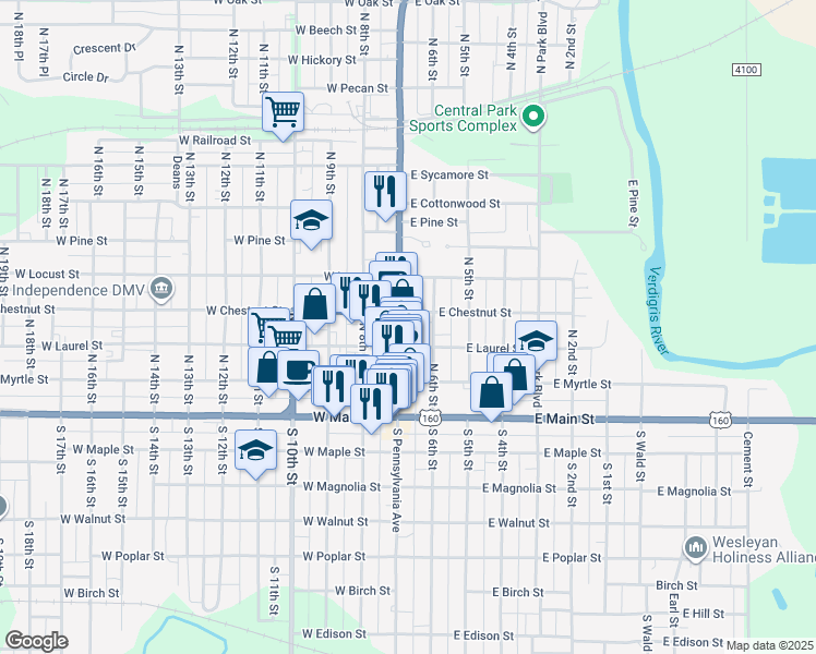 map of restaurants, bars, coffee shops, grocery stores, and more near 110 East Laurel Street in Independence