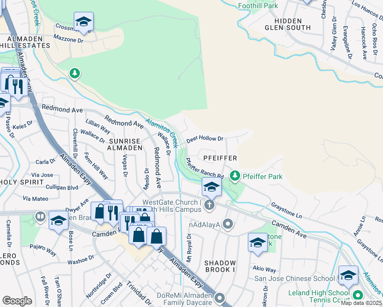 map of restaurants, bars, coffee shops, grocery stores, and more near 6480 Pfeiffer Ranch Road in San Jose