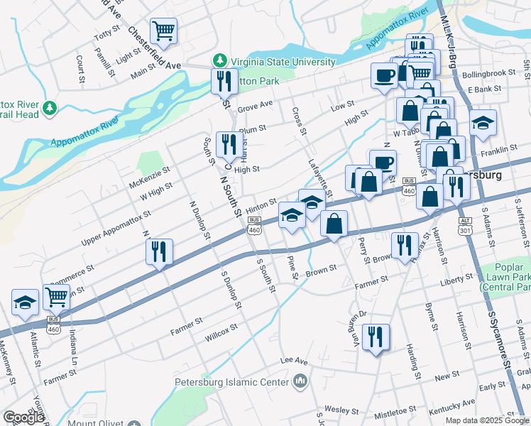 map of restaurants, bars, coffee shops, grocery stores, and more near 713 West Washington Street in Petersburg