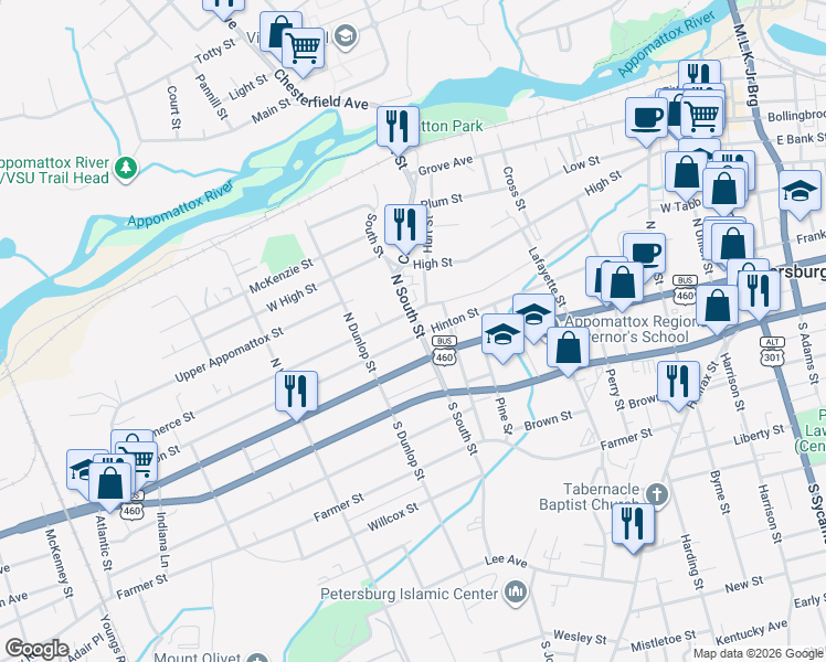 map of restaurants, bars, coffee shops, grocery stores, and more near 818 Hinton Street in Petersburg
