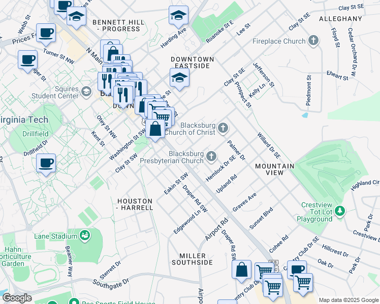 map of restaurants, bars, coffee shops, grocery stores, and more near 103 Mountain View Drive Southeast in Blacksburg