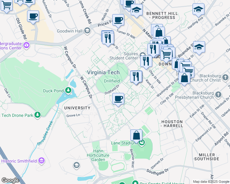 map of restaurants, bars, coffee shops, grocery stores, and more near 210 Drillfield Drive in Blacksburg