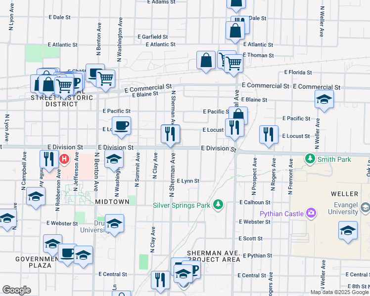 map of restaurants, bars, coffee shops, grocery stores, and more near 1456 North Texas Avenue in Springfield