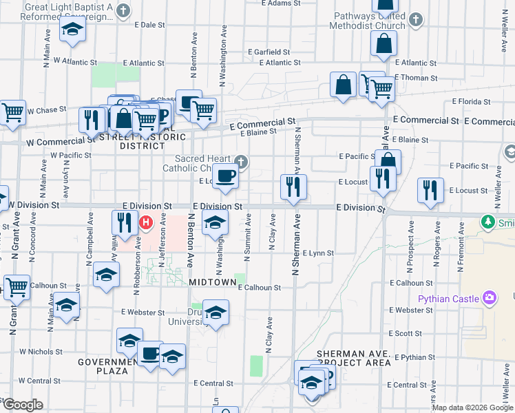 map of restaurants, bars, coffee shops, grocery stores, and more near 1460 North Summit Avenue in Springfield