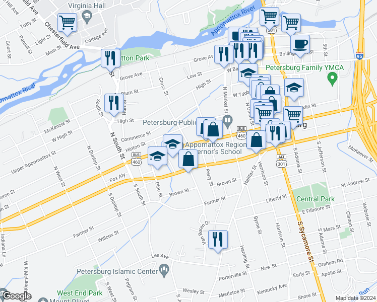map of restaurants, bars, coffee shops, grocery stores, and more near 424 West Washington Street in Petersburg