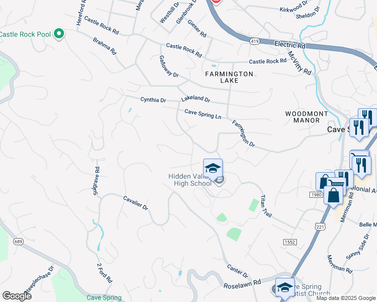 map of restaurants, bars, coffee shops, grocery stores, and more near 5409 Linda Lane in Cave Spring