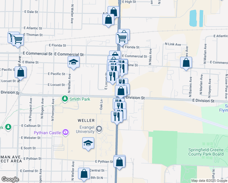 map of restaurants, bars, coffee shops, grocery stores, and more near 1519 North Glenstone Avenue in Springfield