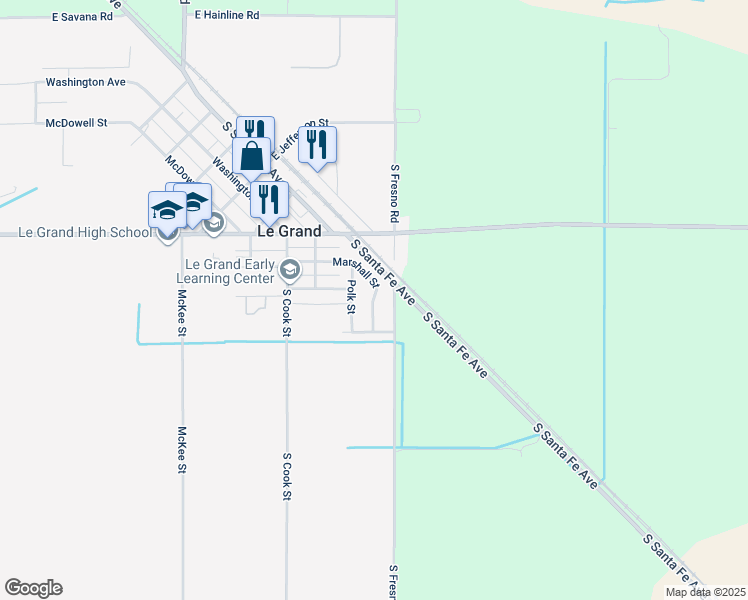 map of restaurants, bars, coffee shops, grocery stores, and more near 4226 Marshall Street in Le Grand