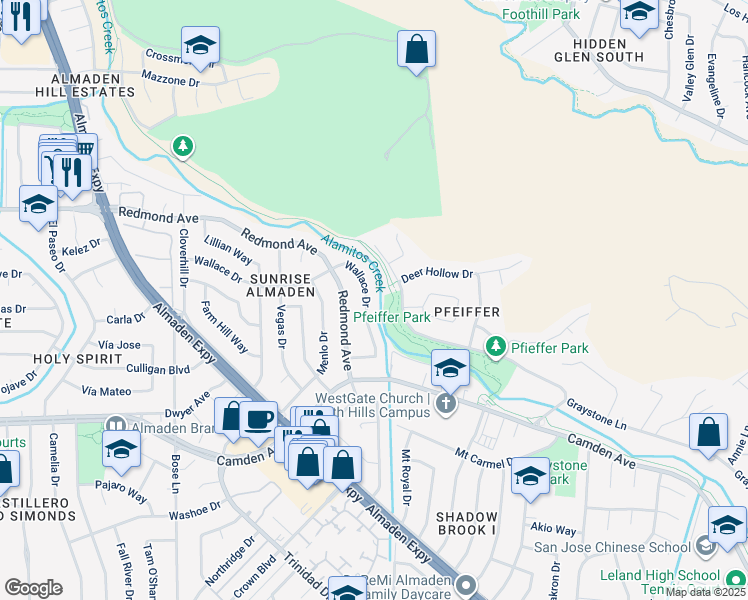 map of restaurants, bars, coffee shops, grocery stores, and more near 963 Wallace Drive in San Jose
