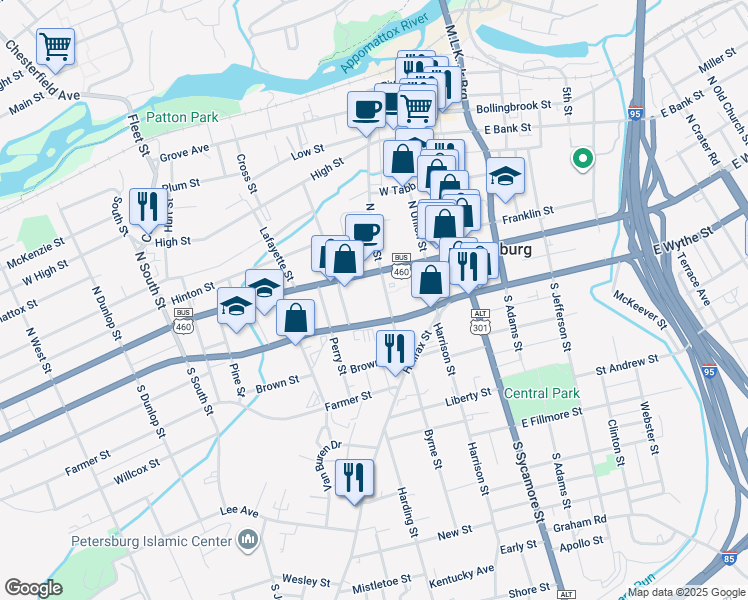 map of restaurants, bars, coffee shops, grocery stores, and more near 215 West Wythe Street in Petersburg