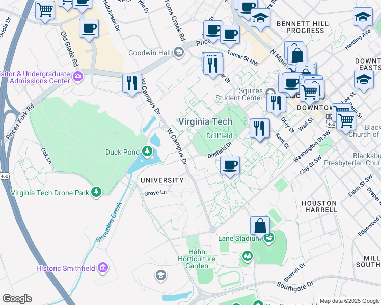 map of restaurants, bars, coffee shops, grocery stores, and more near  in Blacksburg