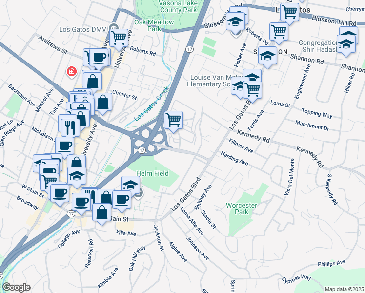 map of restaurants, bars, coffee shops, grocery stores, and more near 225 Bella Vista Avenue in Los Gatos